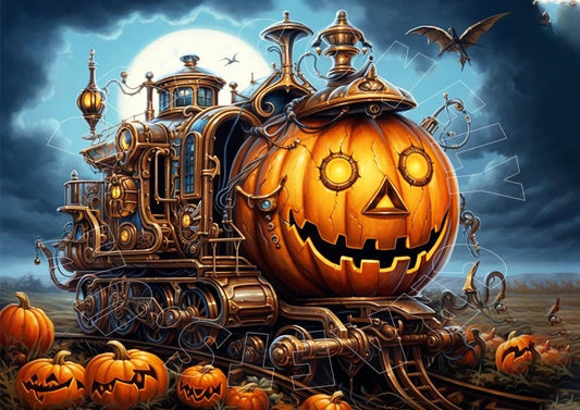 A digital artwork of a steampunk-themed pumpkin with intricate details and a playful face, surrounded by smaller pumpkins and bats against a night sky.