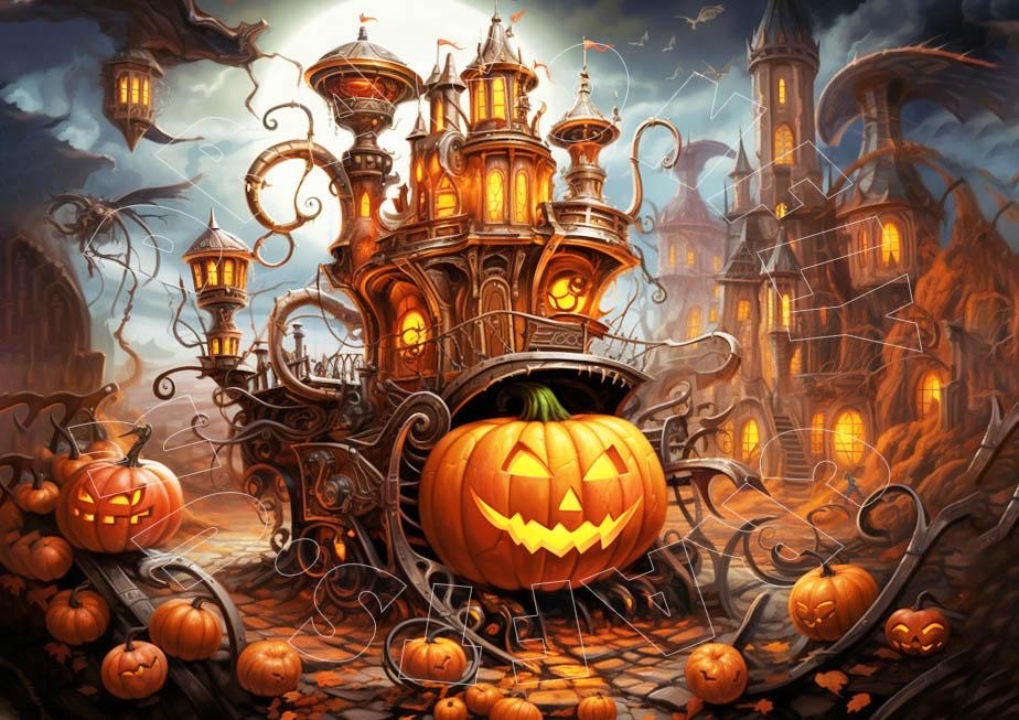 A digital artwork of a steampunk-themed pumpkin patch with intricate designs and a Halloween motif.