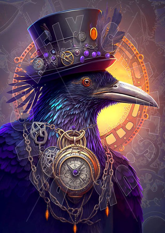 Artistic representation of a raven wearing a steampunk-inspired top hat and adorned with chains and a pocket watch, set against a warm-toned background with circular patterns.