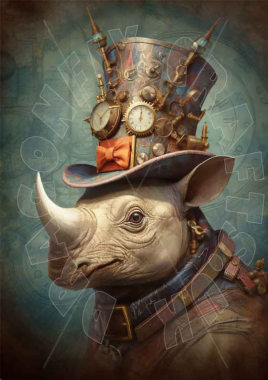 A decoupage paper with a steampunk-inspired design featuring a rhinoceros wearing a top hat and other whimsical elements.