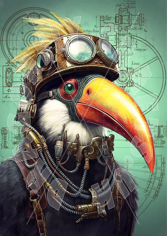 Artistic representation of a steampunk-styled toucan with decorative elements and a green background.