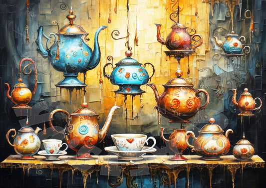 A set of artistic decoupage papers featuring various teapot designs with blue, gold, and multicolored details.
