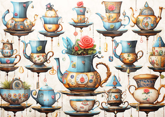 A collection of decoupage rice paper crafts featuring various designs of teacups and floral patterns.