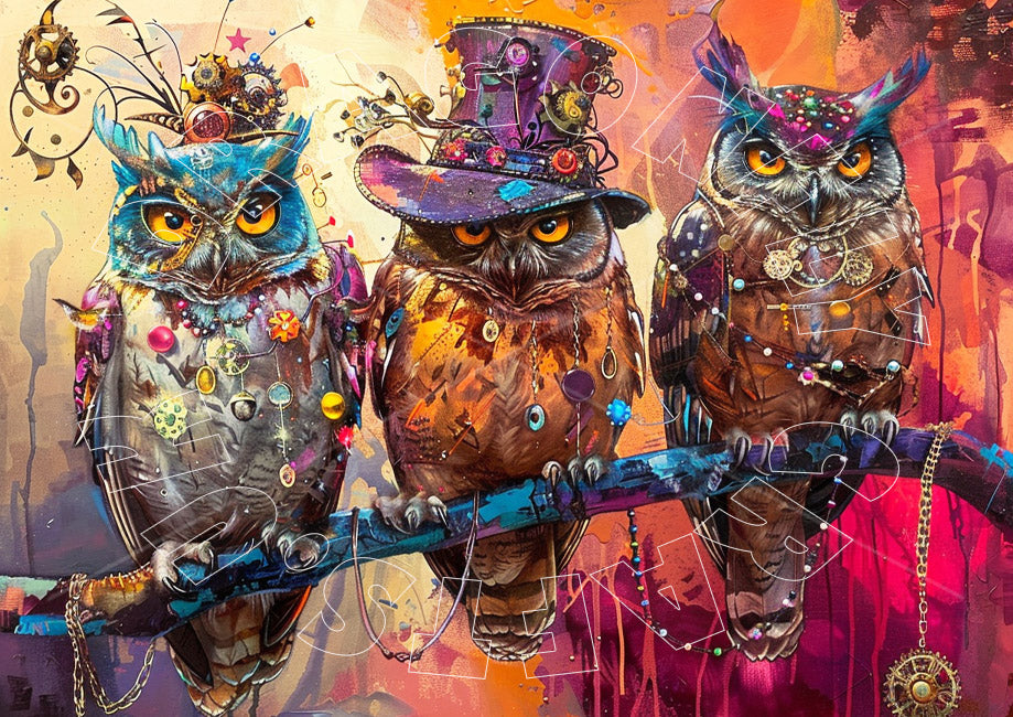 A colorful artistic depiction of three owlets with decoupage paper crafting techniques on a branch, surrounded by a vibrant and decorative background.