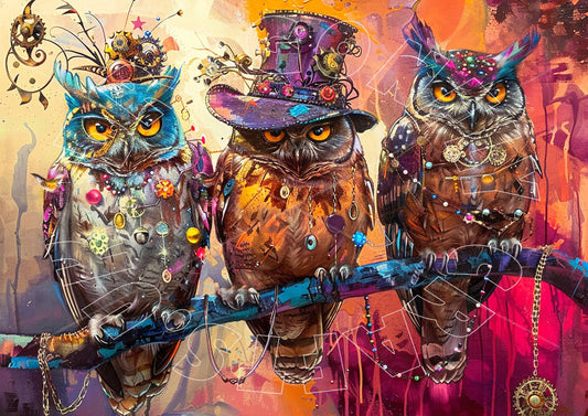 A colorful artistic depiction of three owlets with decoupage paper crafting techniques on a branch, surrounded by a vibrant and decorative background.