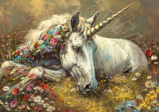A Unicorn Slumber 2 decoupage paper craft depicting a white unicorn with a floral crown lying down in a field of flowers.