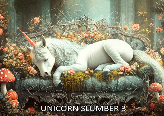 A decoupage paper print featuring a white unicorn lying down in a floral and forested background.