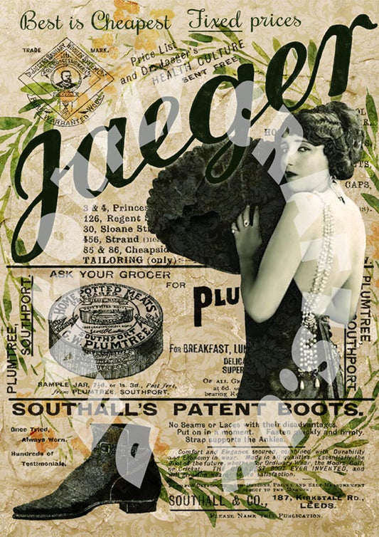 A piece of decoupage rice paper with vintage advertisement motifs, including text and an illustration of a woman.