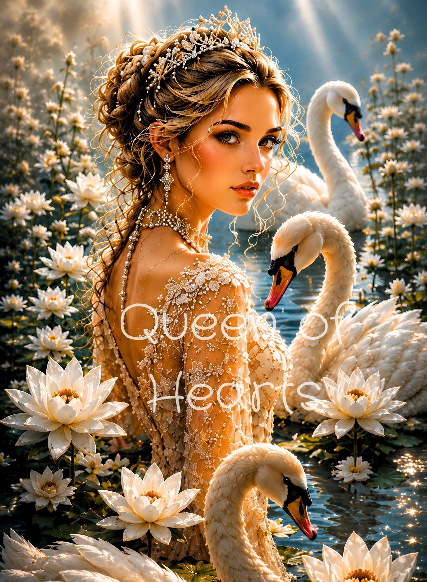 Fantasy duchess surrounded by white swans and lilies, wearing an elegant ivory gown and pearl headpiece.