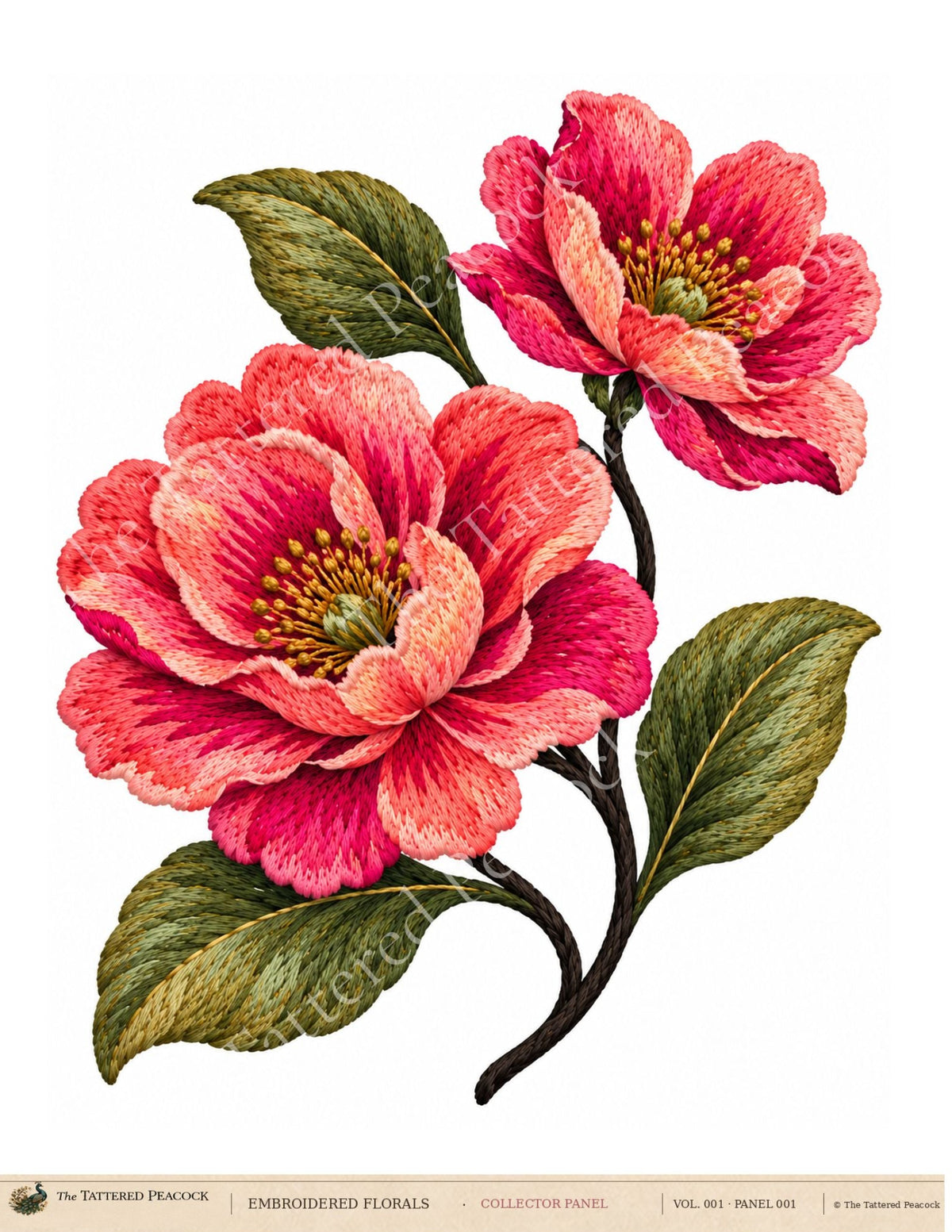 Embroidered Florals cotton Collector Panel with two coral and fuchsia stitch-look flowers, golden centers, olive-green leaves, and a white background.