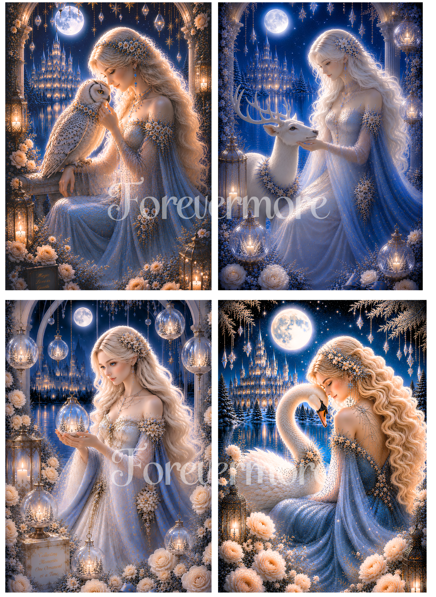 Enchanted Christmas collection featuring four moonlit winter fantasy artworks with a celestial maiden, snowy owl, white swan, glowing ornament lantern, and white stag surrounded by snowy florals, crystal lanterns, and a glowing castle beneath a winter moon.
