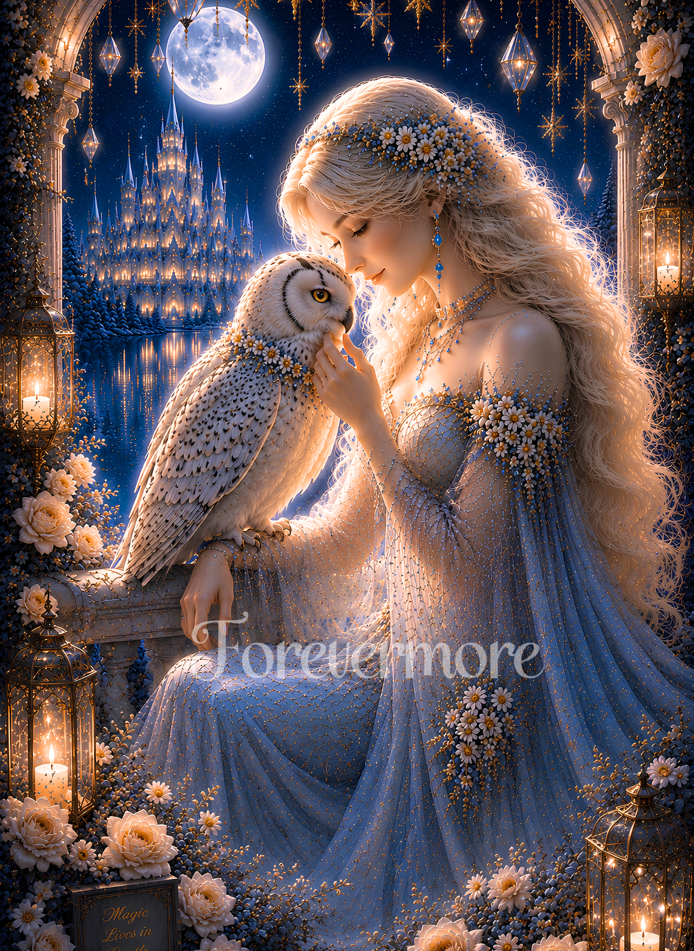 Christmas maiden with a snowy owl beneath a moonlit winter sky surrounded by festive florals and holiday details.