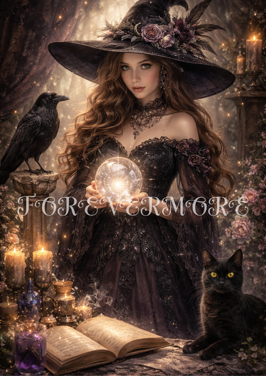 Woman in a dark, elaborate outfit holding a glowing crystal ball with a black cat and crow in a mystical setting.