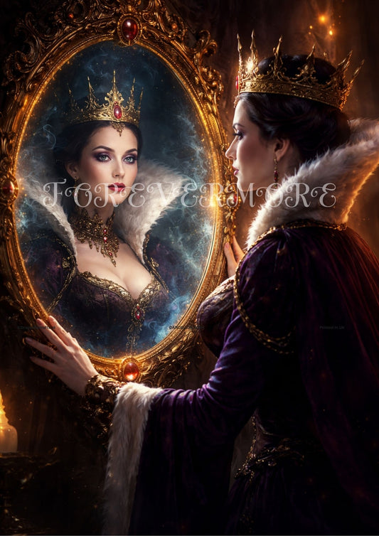 Fantasy queen in a jeweled crown looking into an ornate gold mirror, magical reflection, dark gothic fairytale art, rich purple gown, candlelit scene.