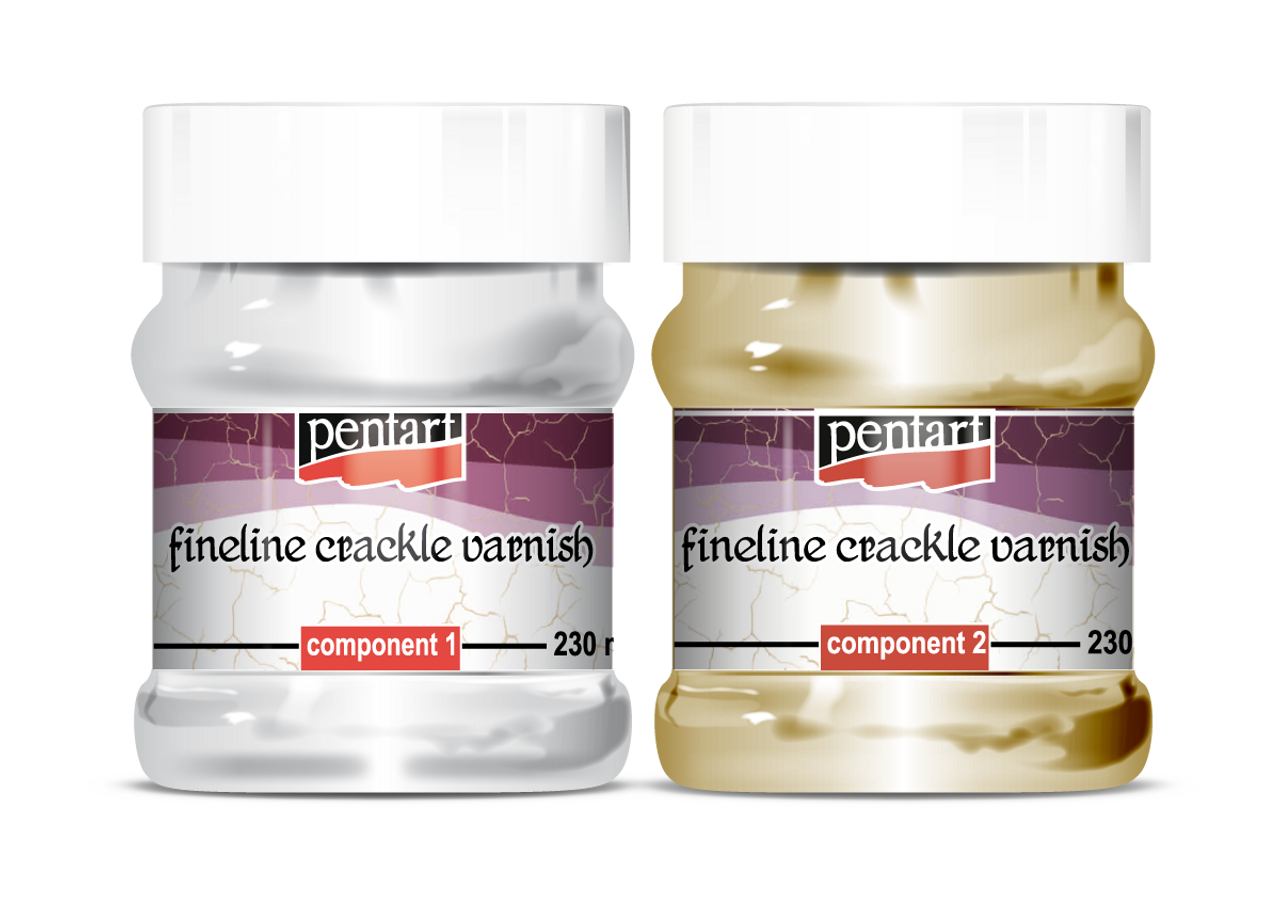 Two bottles labeled as 'Fineline Crackle Varnish', one with a light color liquid and the other with a clear liquid, both with Pentart branding.
