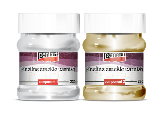 Two bottles labeled as 'Fineline Crackle Varnish', one with a light color liquid and the other with a clear liquid, both with Pentart branding.