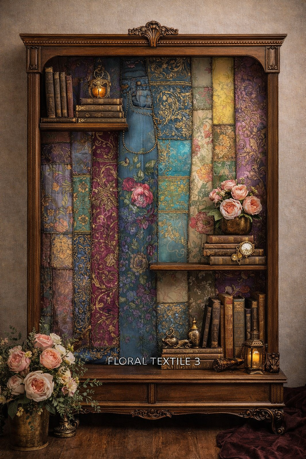 Decorative bookshelf with floral textil and floral arrangements against a neutral wall.