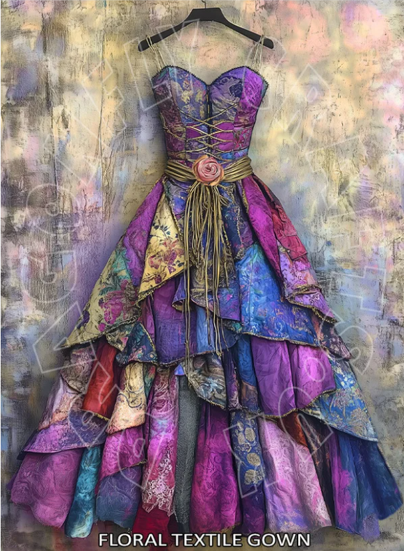 A strapless tiered gown made from colorful floral-patterned textile panels, hanging on a black hanger against a textured painted backdrop. The dress features purple, blue, pink, and yellow fabric layers with a gold braided belt and central rosette.