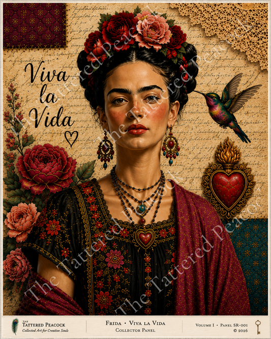 Frida Viva La Vida 8×10 cotton fabric Collector Panel featuring a floral portrait, red roses, hummingbird and ornate sacred heart.