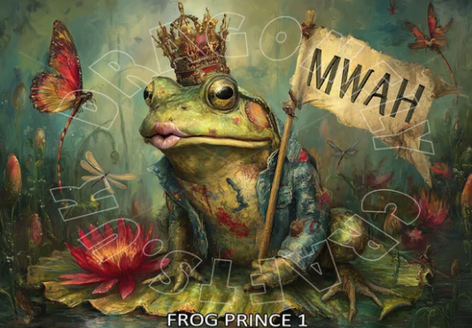 A whimsical fantasy-style illustration of a green frog wearing a gold crown and blue clothing, holding a sign that says 'MWAH' in a pond with flowers, butterflies, and dragonflies. 