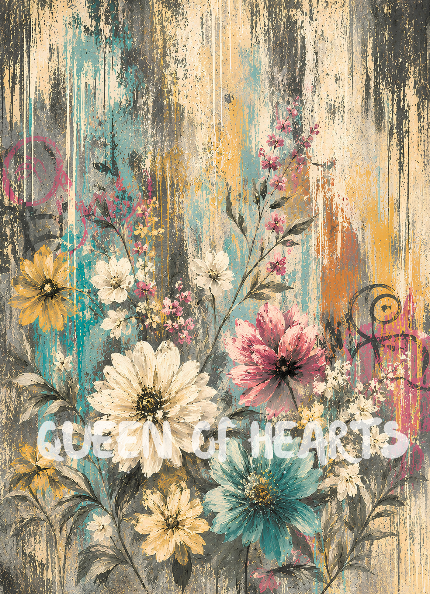 Queen of Hearts - Garden Graffiti Background 1 | Mixed Media Floral Decoupage Paper