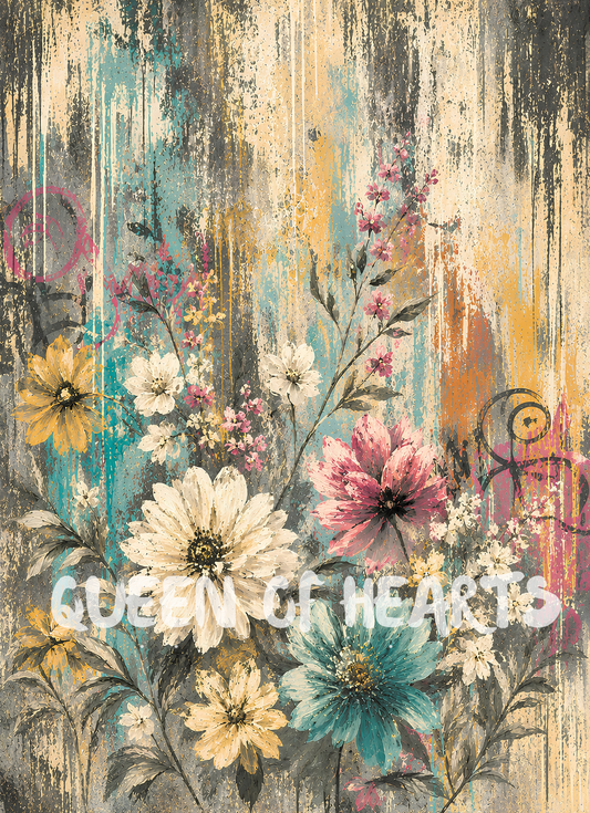 Mixed-media floral artwork featuring cream, pink, yellow, and turquoise flowers layered over a distressed graffiti-inspired background with paint drips, textured brushwork, and vintage artistic details.
