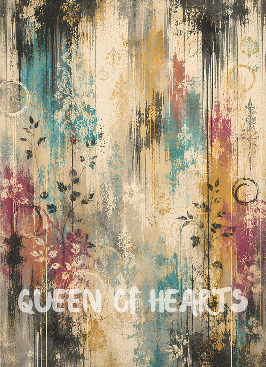 Mixed-media floral artwork featuring cream, pink, yellow, and turquoise flowers layered over a distressed graffiti-inspired background with paint drips, textured brushwork, and vintage artistic details.