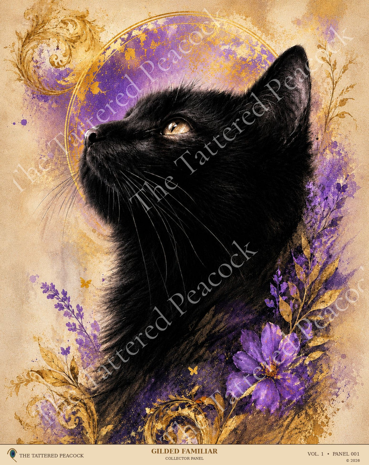 Gilded Familiar 8×10 cotton Collector Panel featuring a black cat with purple flowers, antique gold foliage and an ornate violet halo.