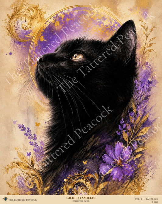 Gilded Familiar 8×10 cotton Collector Panel featuring a black cat with purple flowers, antique gold foliage and an ornate violet halo.