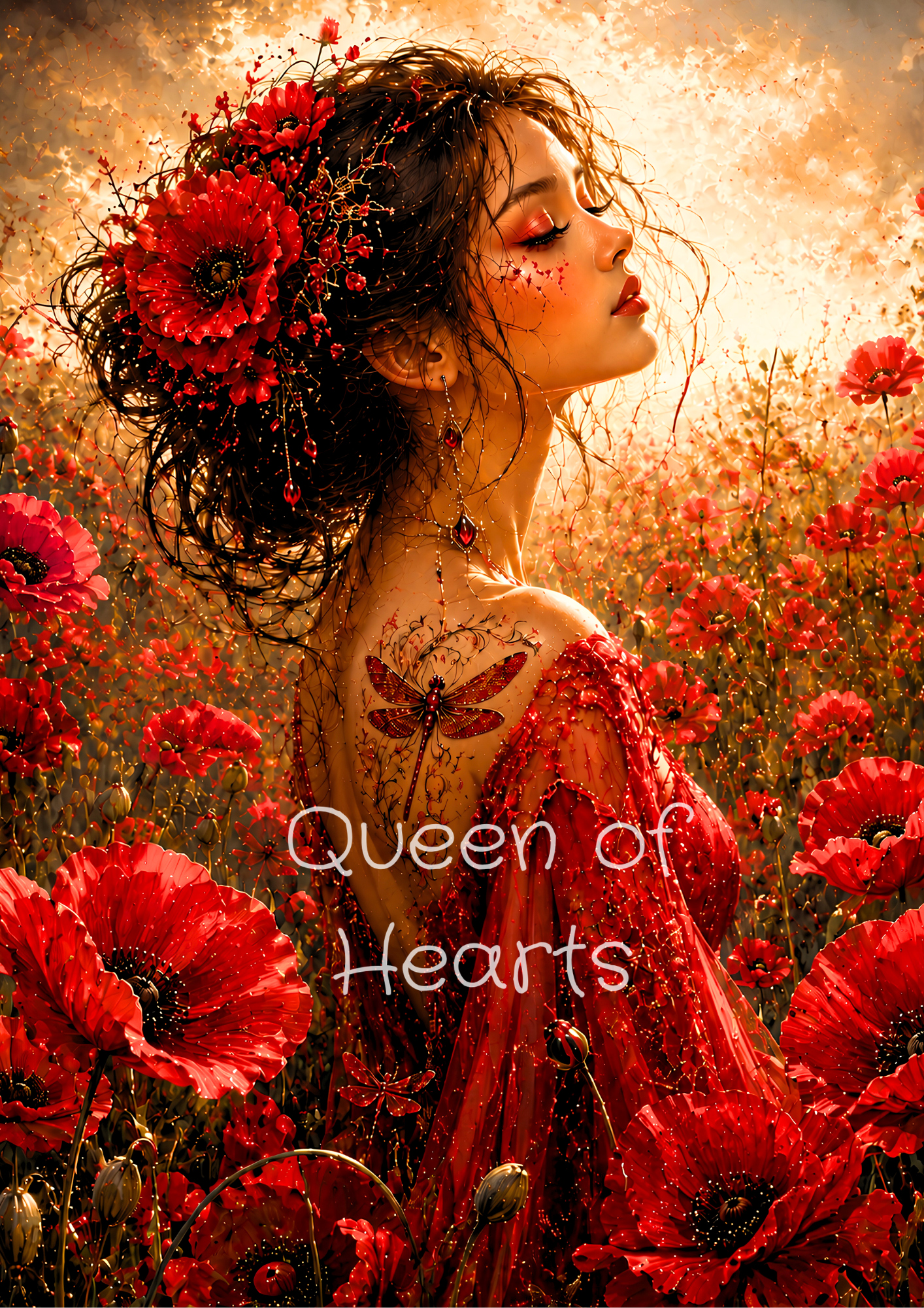 Beautiful brunette woman in a flowing crimson gown standing in a field of red poppies during golden hour, featuring dragonfly details, ruby jewelry, and warm sunset lighting.