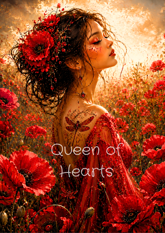 Beautiful brunette woman in a flowing crimson gown standing in a field of red poppies during golden hour, featuring dragonfly details, ruby jewelry, and warm sunset lighting.