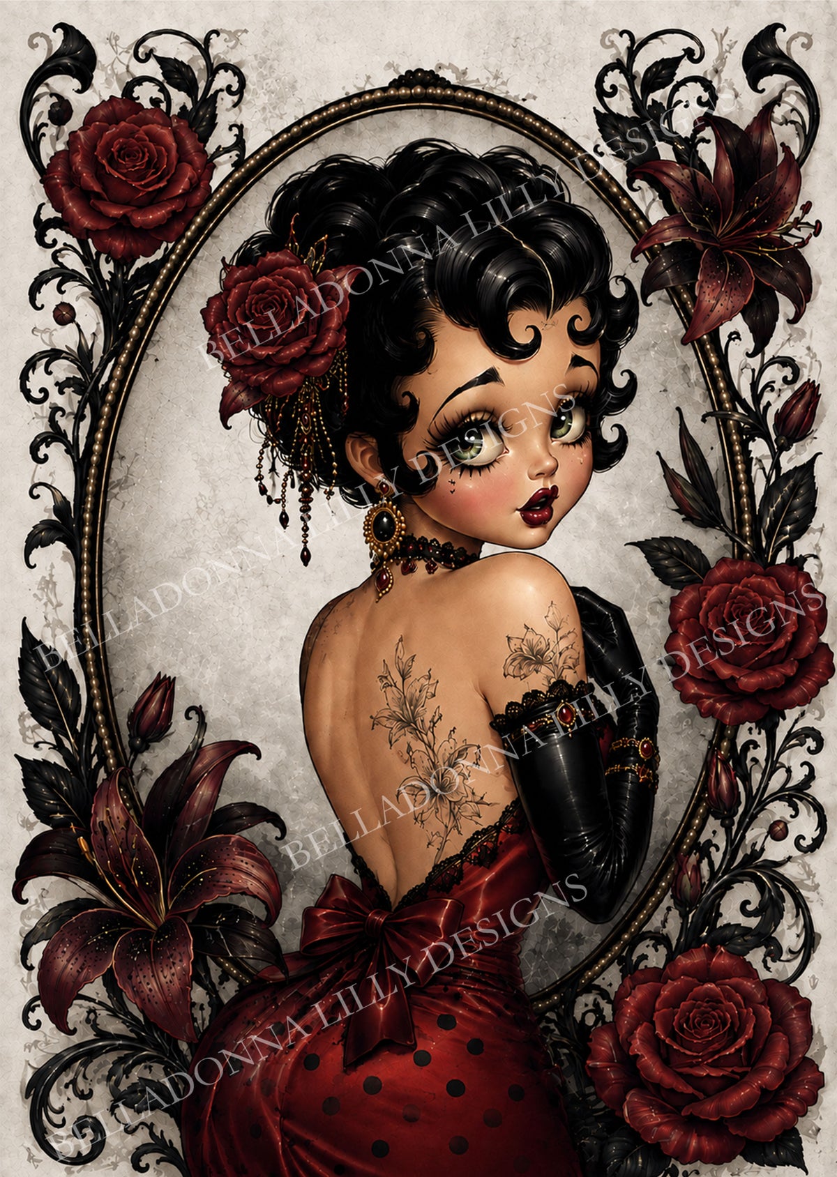 Gothic Betty I woman in red polka-dot gown framed by crimson roses and burgundy lilies on decoupage rice paper