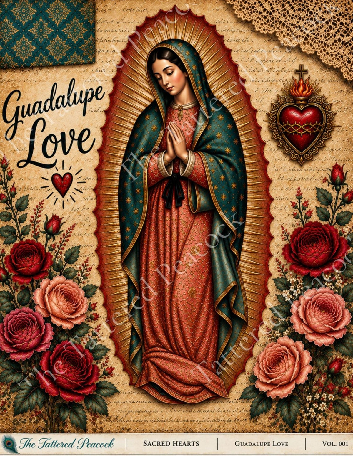 Guadalupe Love Sacred Hearts cotton fabric art panel with Our Lady of Guadalupe, roses and sacred heart details