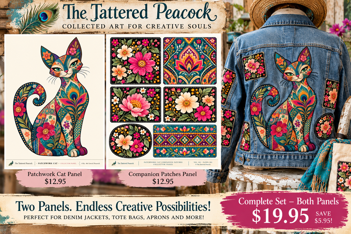 Patchwork Cat & Companion Patches Cotton Fabric Panels | The Tattered Peacock