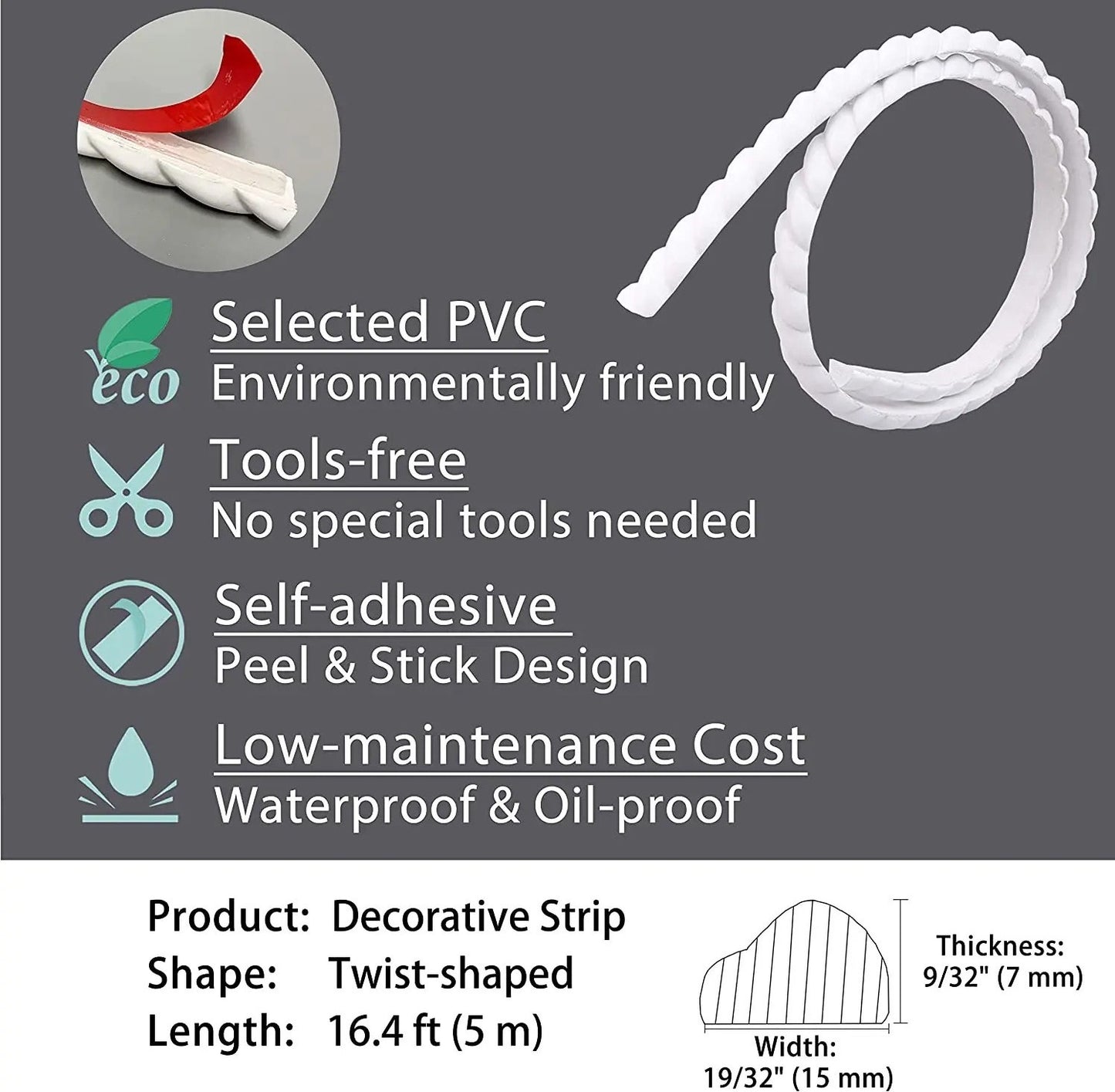VFlex - White Rope, Flexible Molding Trim with Peel and Stick Self-Adhesive Backing