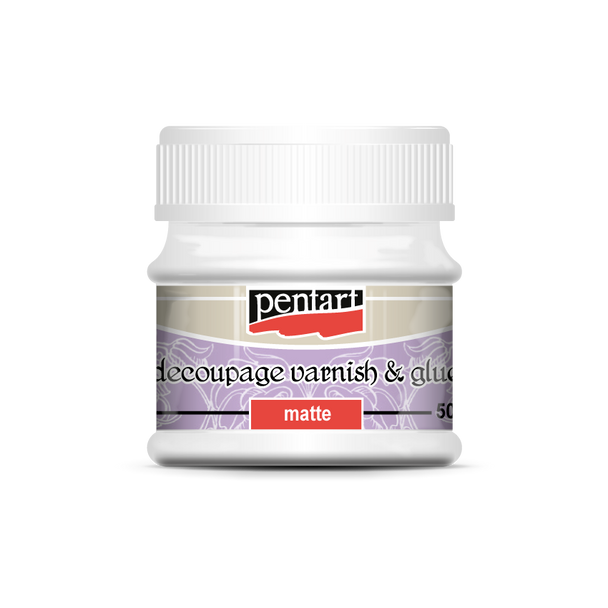 Jar of decoupage varnish and glue with Pentart branding on a white background