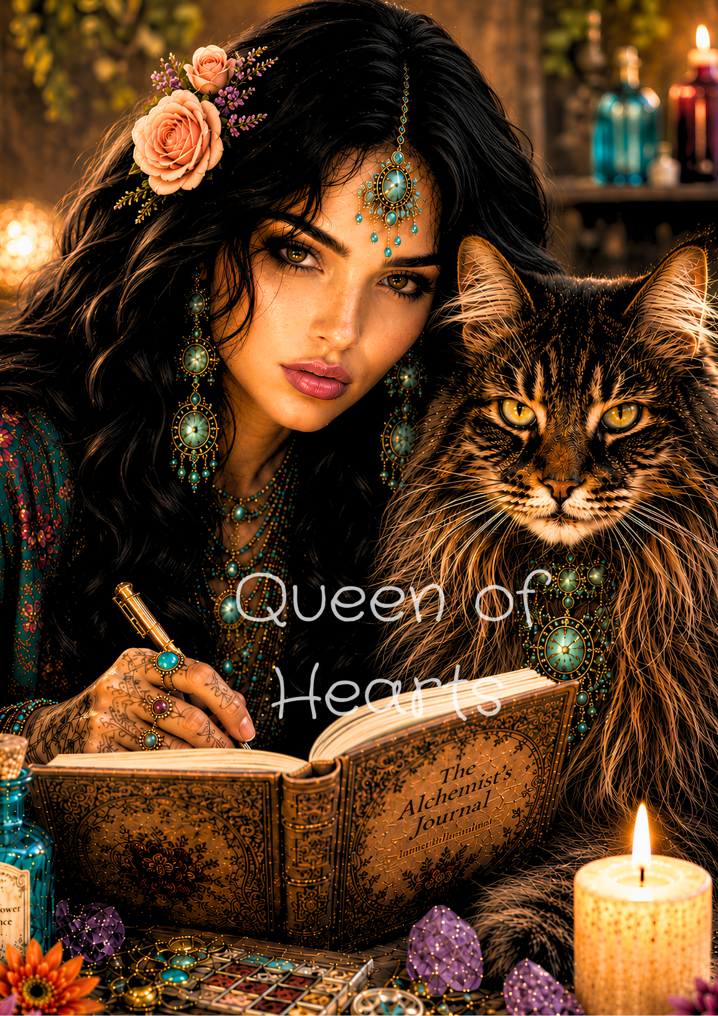 A woman with long dark hair, ornate jewelry, and floral headpiece sits beside a large tabby cat, writing in an open journal surrounded by candles, crystals, and bottles. 