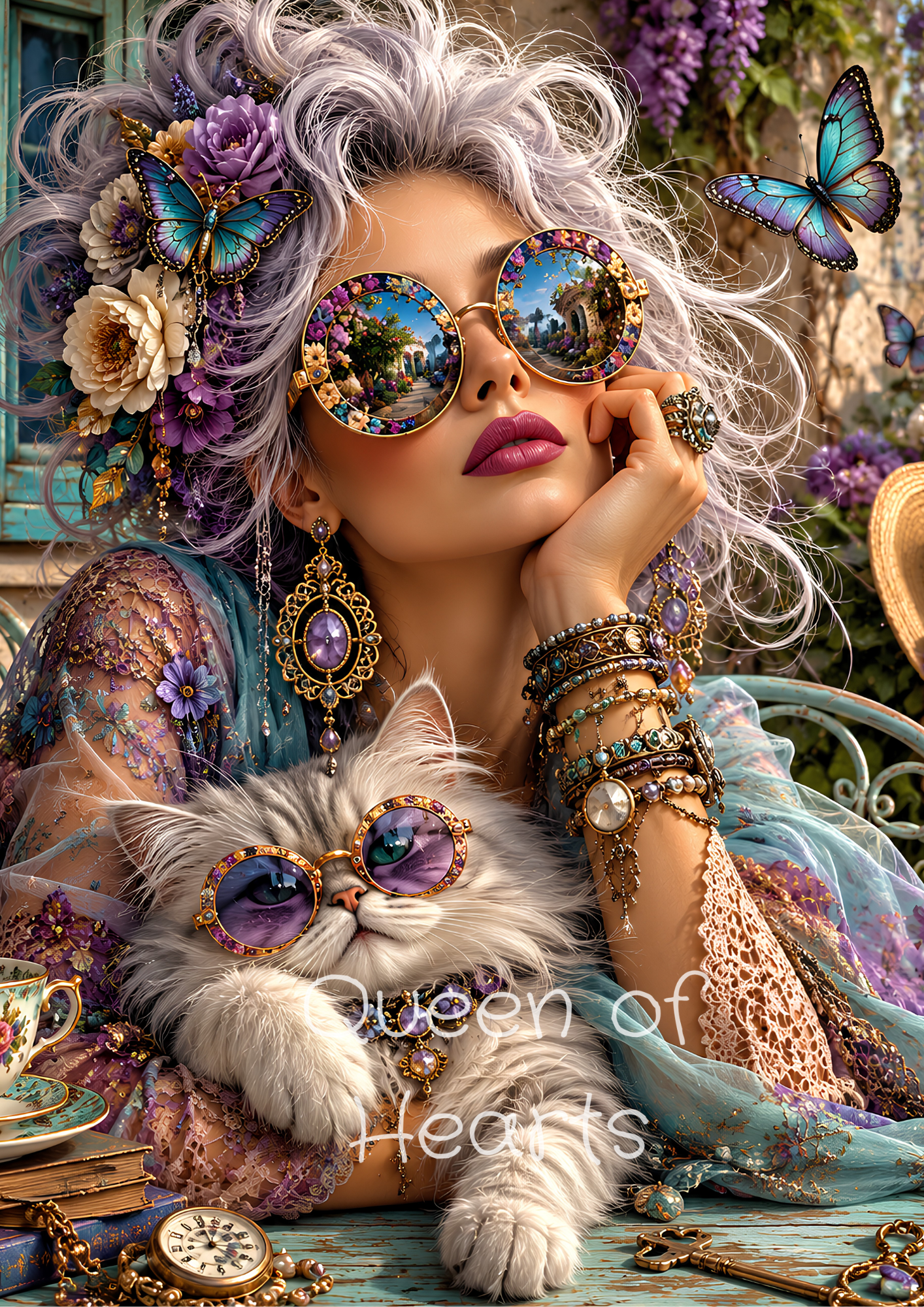 Lady Lavender with flowing lavender hair and ornate sunglasses sits beside a glamorous Persian cat wearing matching jeweled glasses, surrounded by butterflies, flowers, and vintage-inspired garden details.