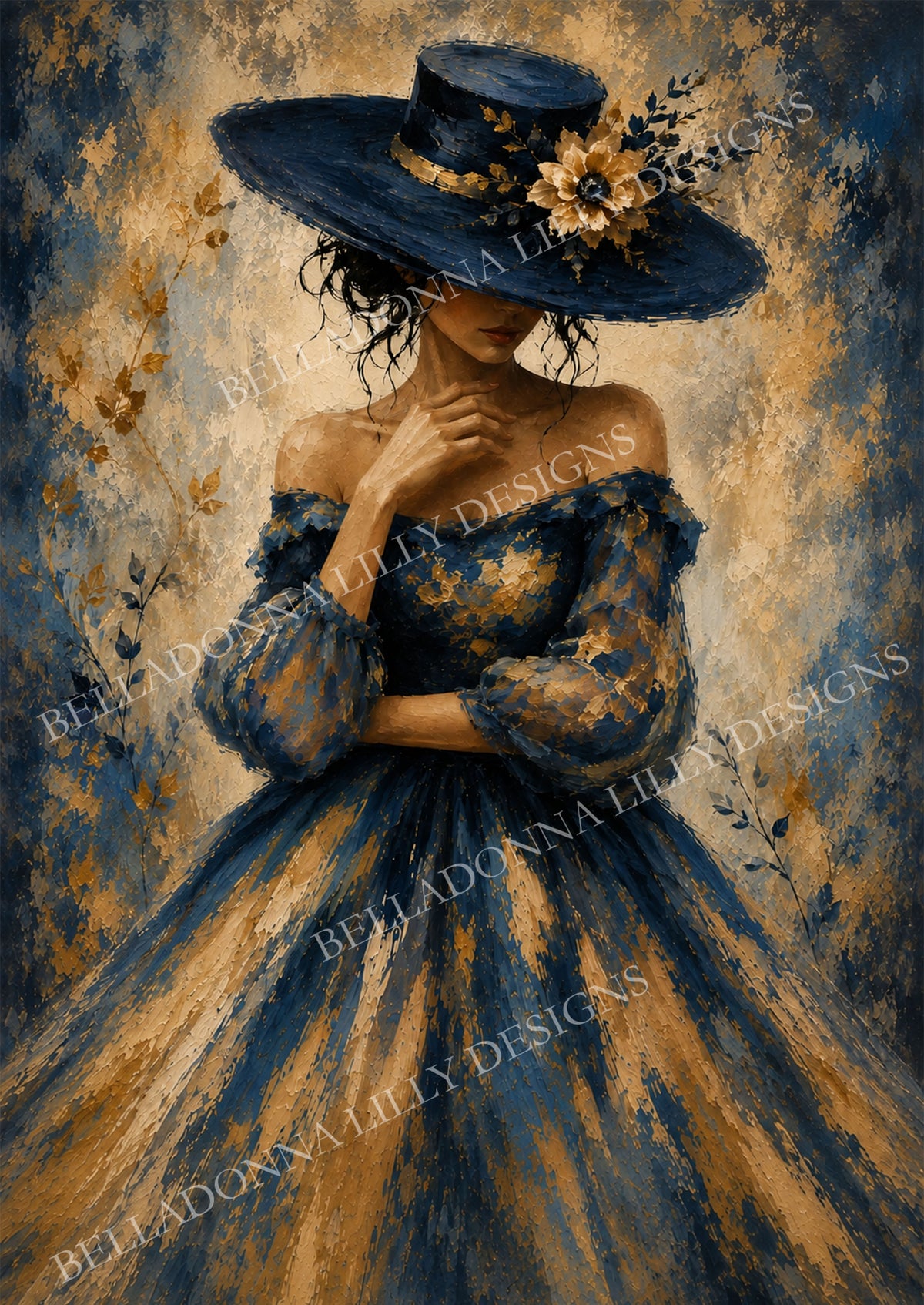 Lady in Blue I decoupage rice paper featuring an elegant woman in a navy and gold gown with a wide-brimmed hat