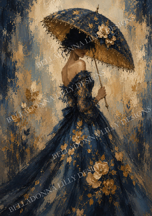 Lady in Blue II decoupage rice paper featuring an elegant woman with a parasol and flowing navy and gold floral gown