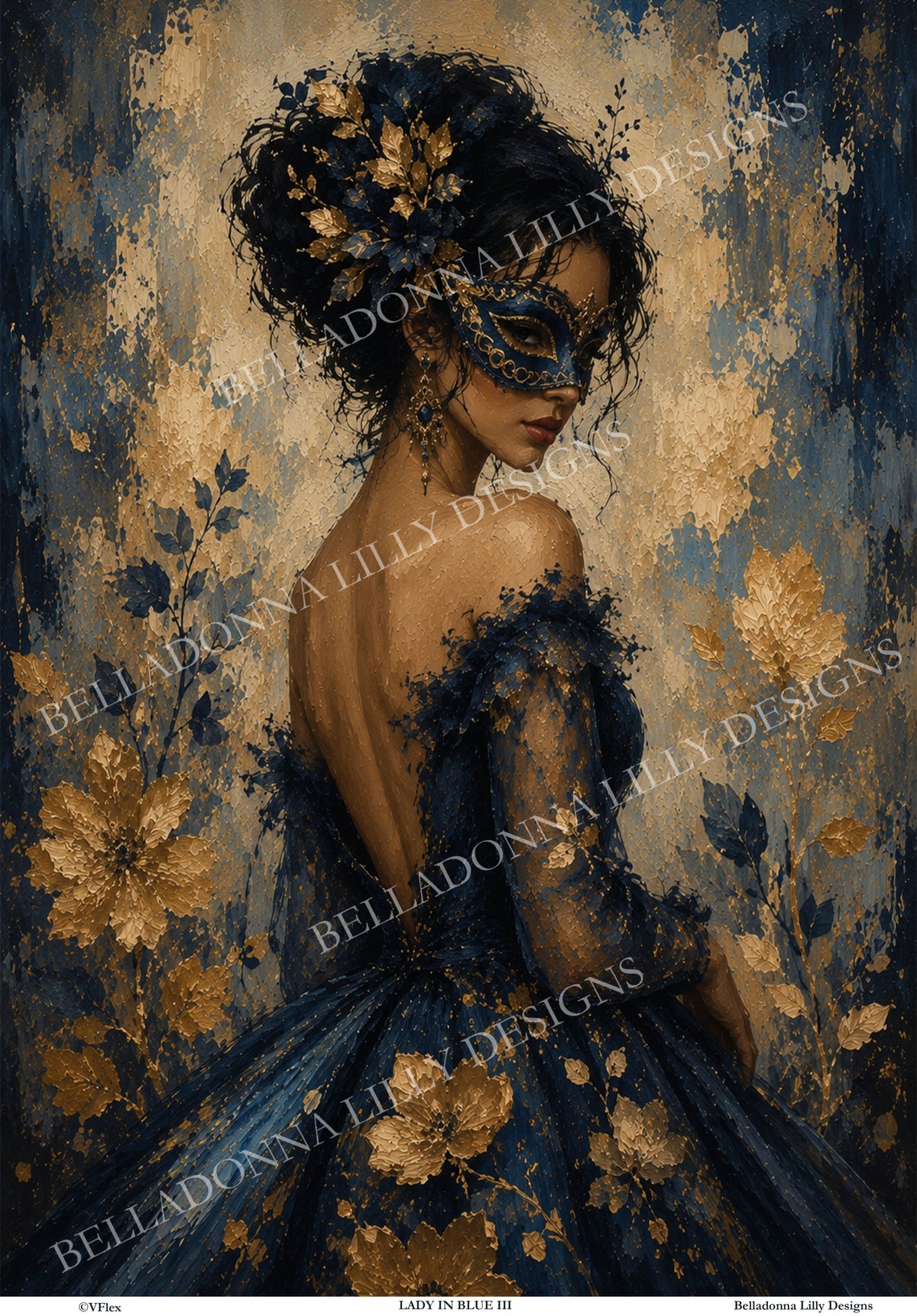 Lady in Blue III decoupage rice paper featuring an elegant woman wearing a navy and gold masquerade mask