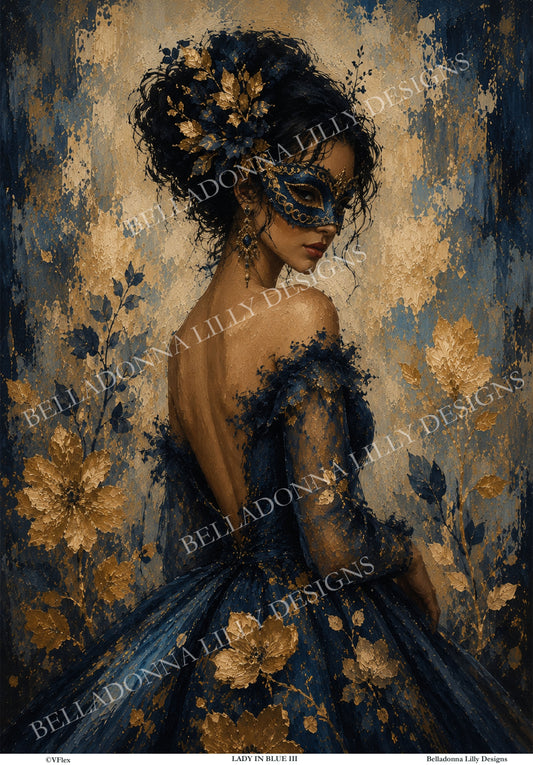 Lady in Blue III decoupage rice paper featuring an elegant woman wearing a navy and gold masquerade mask
