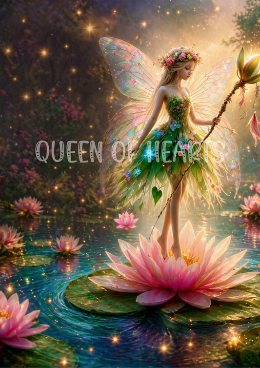 Fairy standing on a pink flower in a magical garden setting.