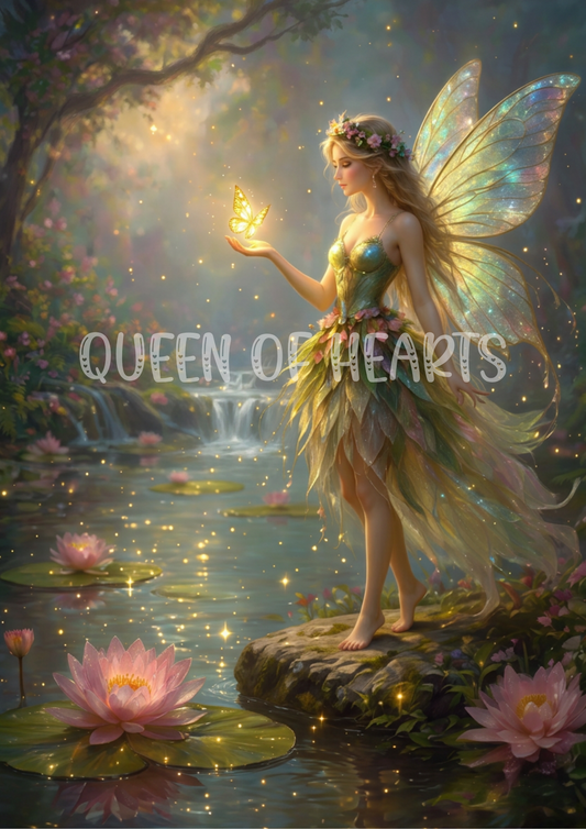 Fairy holding a glowing butterfly in a magical forest with flowers and water.