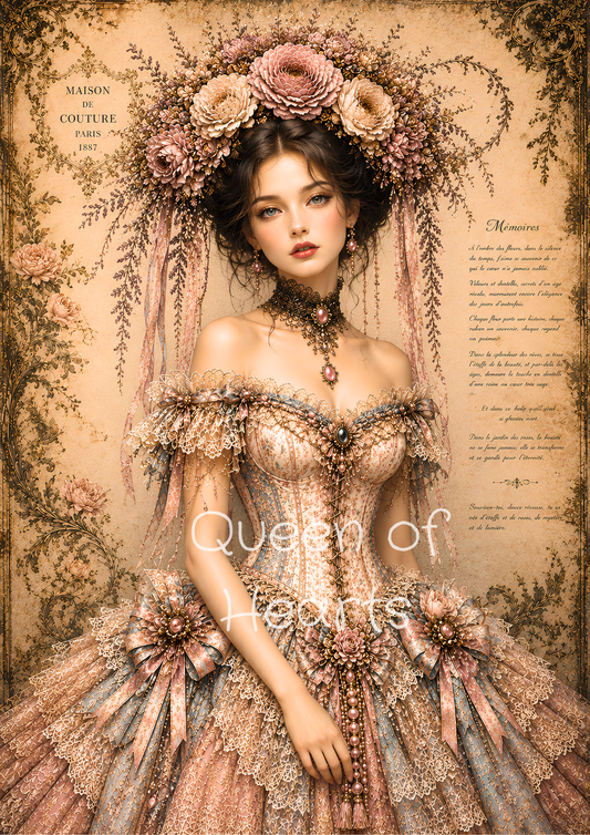 Vintage-inspired young woman wearing an ornate corset gown with lace, ribbons, and floral crown in soft blush pink, ivory, and dusty blue tones.