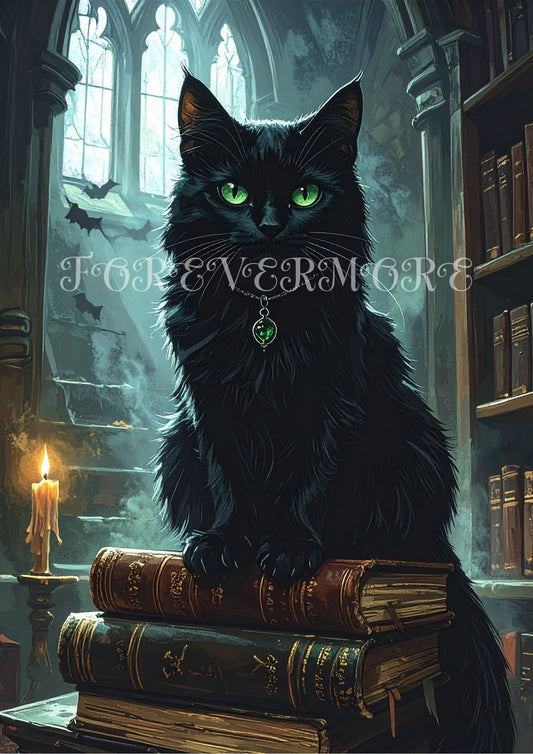 Black cat with green eyes sitting on books in a gothic-style room with candles and stained glass windows.