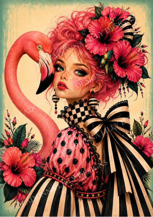 Miss Flamingo Belladonna Lilly decoupage rice paper featuring a pink-haired woman with hibiscus flowers and a flamingo