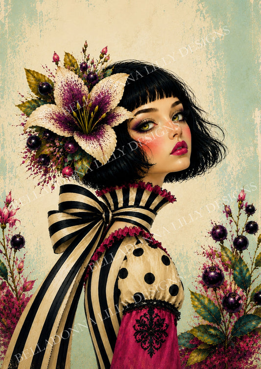 Miss Lily whimsical woman decoupage rice paper featuring black hair, a cream-and-purple lily and a dramatic black-and-cream striped bow