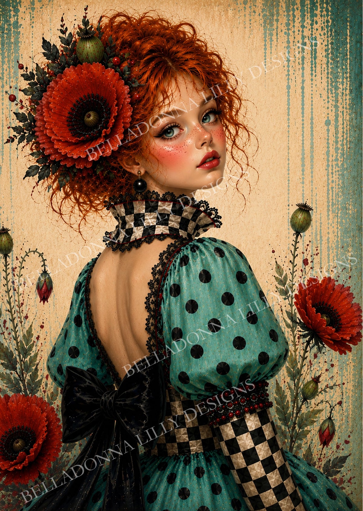 Miss Poppy whimsical girl decoupage rice paper featuring a red-haired woman in a teal polka-dot dress surrounded by red poppy flowers
