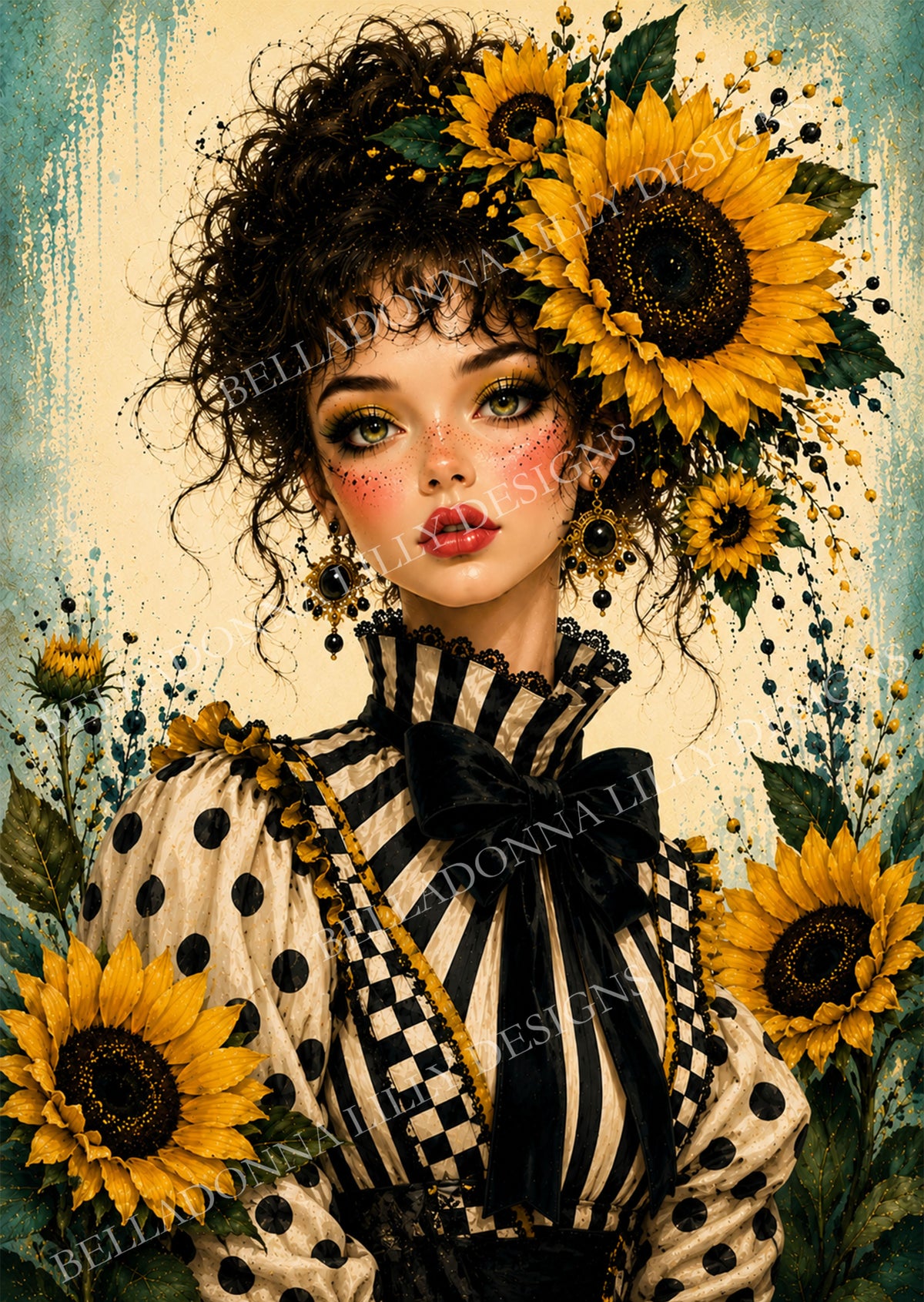 Miss Sunflower whimsical woman decoupage rice paper featuring dark curly hair, golden sunflowers and black-and-cream patterned clothing